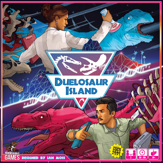 Colorful Duelosaur Island board game cover by Pandasaurus Games shows a woman and man holding DNA dice, surrounded by illustrated dinosaurs and neon lights. The game's title and dinosaur logo are centered.