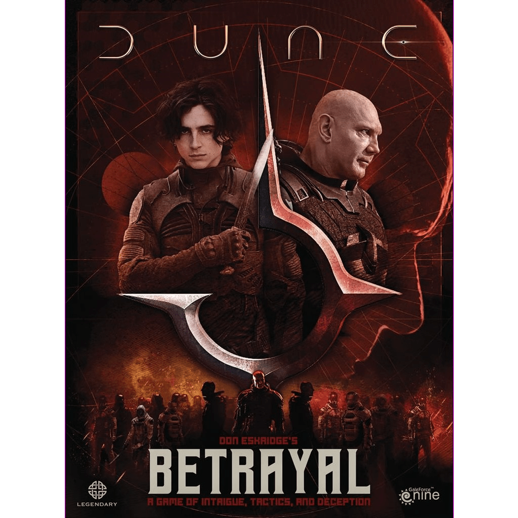 The cover of Dune: Betrayal by Gale Force Nine features two armored characters set against a desert backdrop, with a stylized dagger and several figures beneath the title.