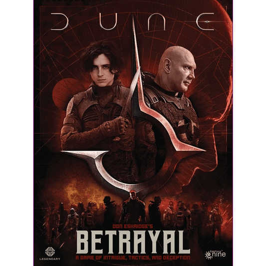 The cover of Dune: Betrayal by Gale Force Nine features two armored characters set against a desert backdrop, with a stylized dagger and several figures beneath the title.