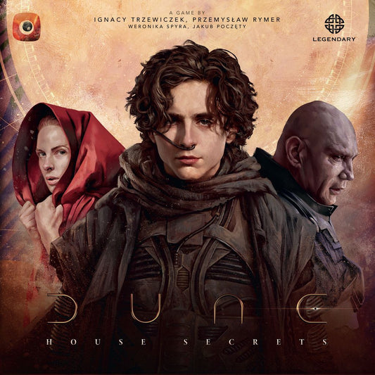 Three Dune universe characters—a curly-haired young man, a woman in a red hood, and an armored bald man—stand against a textured background. Text reads “Dune: House Secrets,” a Portal Games story-driven adventure game.