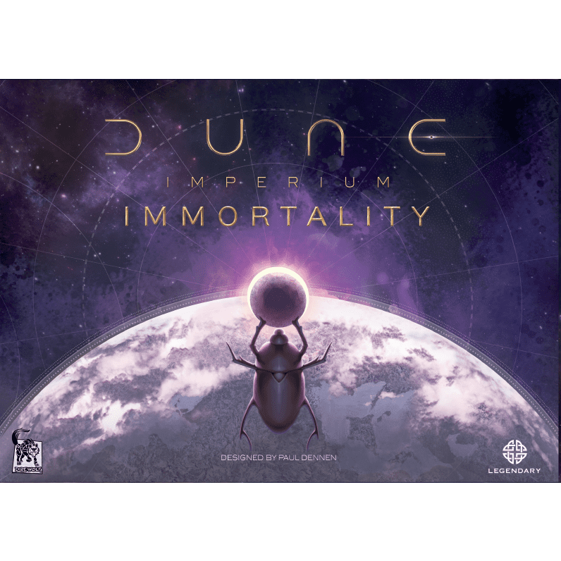 The Dune: Imperium Immortality Expansion by Dire Wolf features a stylized beetle holding a glowing orb above a planet, hinting at genetic innovation beneath a purple, star-filled sky with the title boldly displayed in gold.
