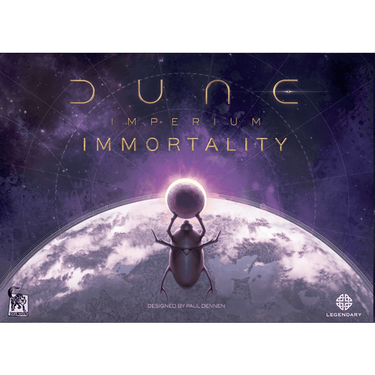 The Dune: Imperium Immortality Expansion by Dire Wolf features a stylized beetle holding a glowing orb above a planet, hinting at genetic innovation beneath a purple, star-filled sky with the title boldly displayed in gold.