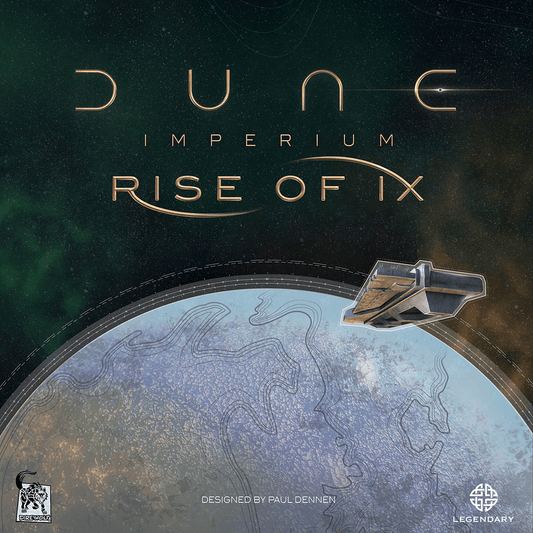 A spaceship hovers over a planet with "Dune: Imperium Rise of Ix Expansion" in a futuristic font. Stars and deep green space form the backdrop, with Dire Wolf branding and board game credits at the bottom.