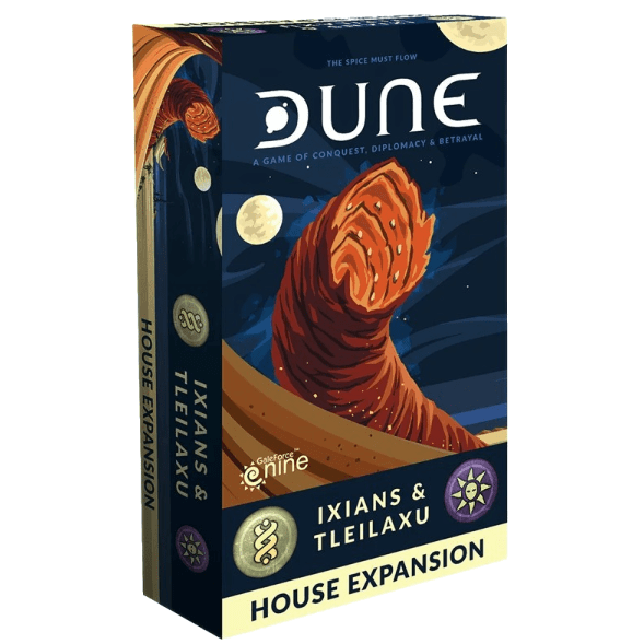 Box for Gale Force Nine’s Dune: Ixians & Tleilaxu House Expansion, depicting a giant sandworm in the desert under an illuminated sky with moons and stars.