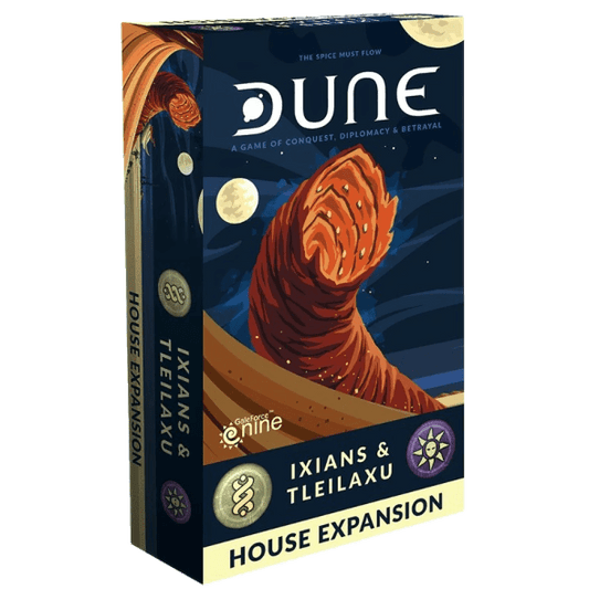 Box for Gale Force Nine’s Dune: Ixians & Tleilaxu House Expansion, depicting a giant sandworm in the desert under an illuminated sky with moons and stars.