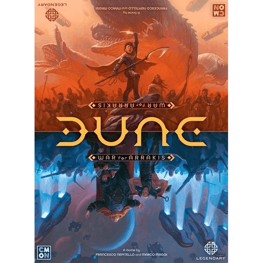 Board game cover for Dune: War for Arrakis by Cool Mini Or Not shows desert warriors battling a sandworm above and, below, figures navigating a blue-lit future shaped by spice. The ultimate strategy game setup!.