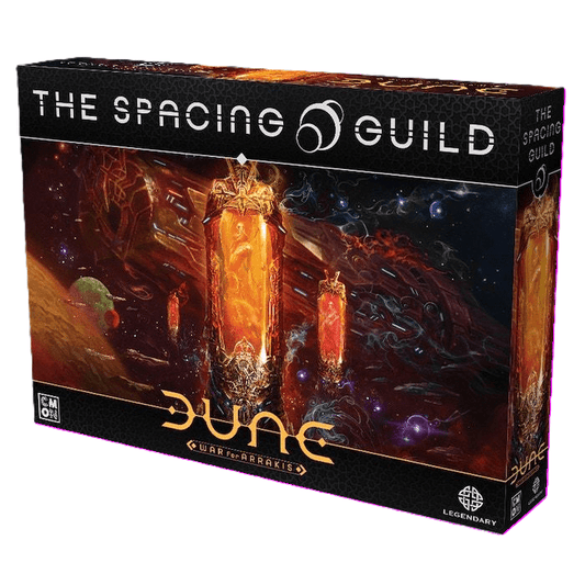 The Cool Mini Or Not board game Dune: War for Arrakis – The Spacing Guild Expansion showcases vivid artwork of ornate space vessels on a cosmic background, making it an ideal addition for fans of epic space adventures.