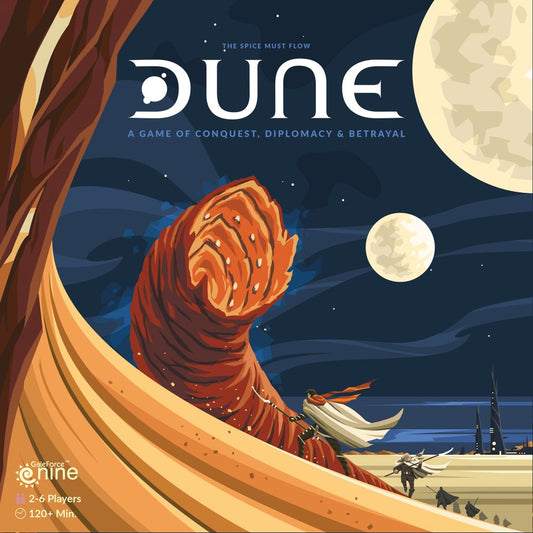 Illustration for Gale Force Nine's Dune Special Edition shows a giant sandworm emerging from dunes, two moons in the sky, and two cloaked figures. Text reads: Dune Special Edition: A Game of Conquest, Diplomacy & Betrayal.
