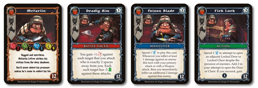 Four illustrated game cards from Quixotic Games’ Dungeon Alliance showcase the bearded dwarf Mefarlan, each with unique art and stats for Battle Tactic, Maneuver, and Action to enhance your fantasy dungeon adventures.