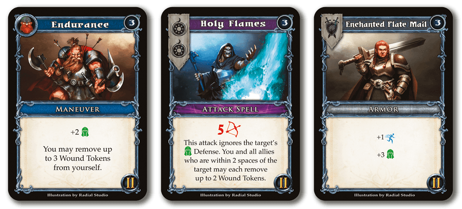 Three fantasy-themed cards from Quixotic Games’ Dungeon Alliance: Endurance (red warrior, axe, health boost), Holy Flames (blue mage spell, ignores defense), and Enchanted Plate Mail (female knight, +1 defense, +3 health).