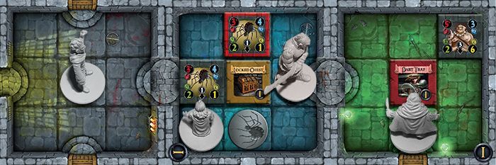 A top-down view of Quixotic Games' Dungeon Alliance shows a dungeon-crawling board game with three rooms, divided by walls and doors, each filled with miniatures, cards, and tokens on stone-tiled grids.