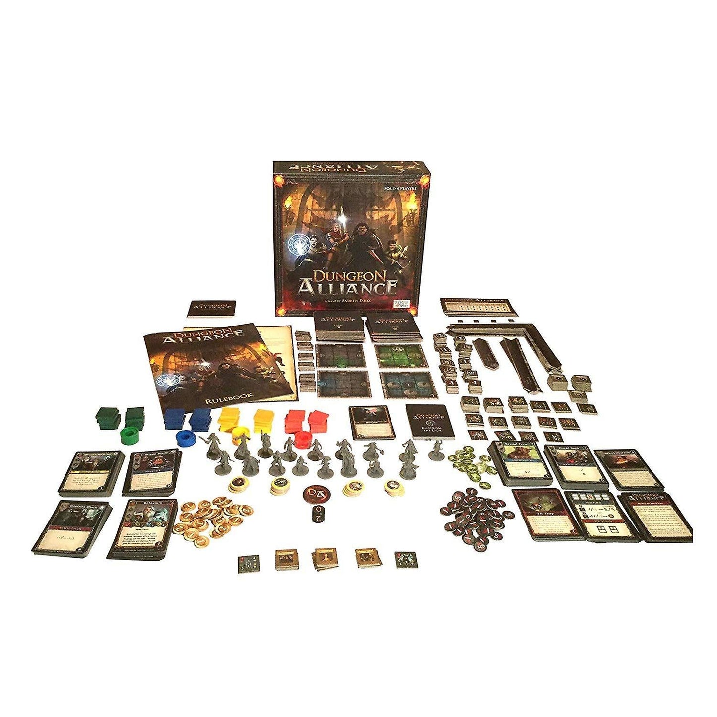 Quixotic Games’ Dungeon Alliance tabletop set is shown with cards, mini figures, tokens, colored pieces, and a fantasy-themed box. This deck-building adventure game has its components neatly arranged for display.