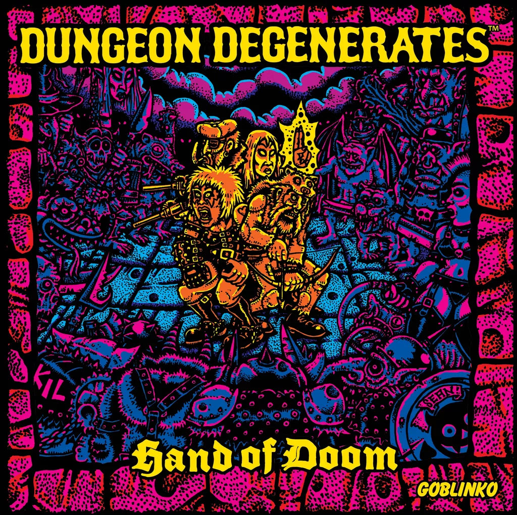 A vibrant fantasy scene for Goblinko’s Dungeon Degenerates: Hand of Doom board game shows two armed adventurers among monsters and skulls, framed by neon-lit dungeon walls, with bold yellow headline text above.