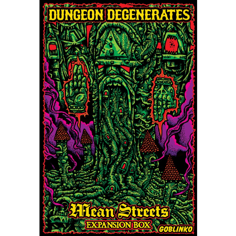 The colorful, psychedelic cover art for Goblinko's Dungeon Degenerates: Mean Streets Expansion shows a monstrous green tower with faces and hands surrounded by surreal red and purple mushroom-like buildings.