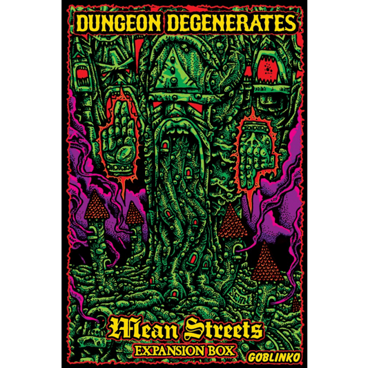 The colorful, psychedelic cover art for Goblinko's Dungeon Degenerates: Mean Streets Expansion shows a monstrous green tower with faces and hands surrounded by surreal red and purple mushroom-like buildings.
