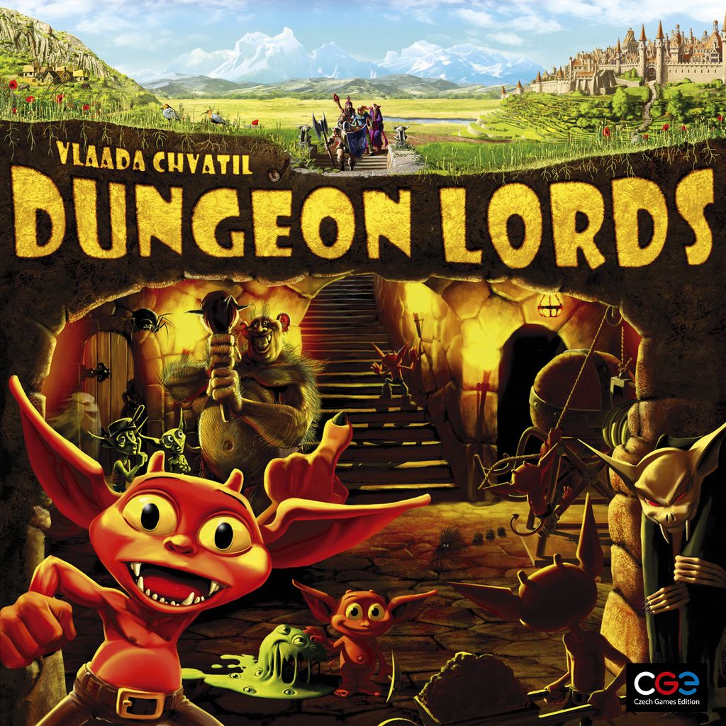 Cover art for Dungeon Lords by Czech Games Edition (CGE), showing cheerful red imps building a dungeon, a troll with a club, and heroes approaching from grassy fields with a castle in the distance under a blue sky.