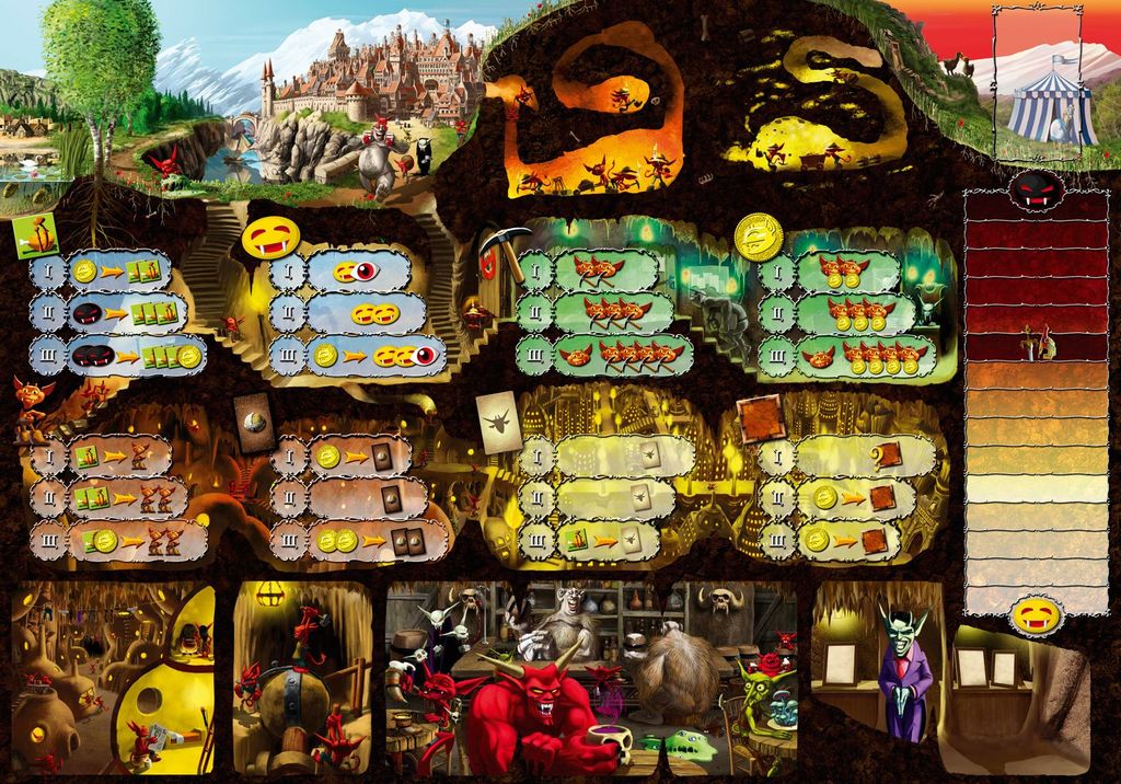 Dungeon Lords by Czech Games Edition (CGE) features a vibrant board with fantasy art of a castle, forest, and campground above ground, plus an underground lair where Dungeon Lords hire monsters and explore treasure-filled tunnels.