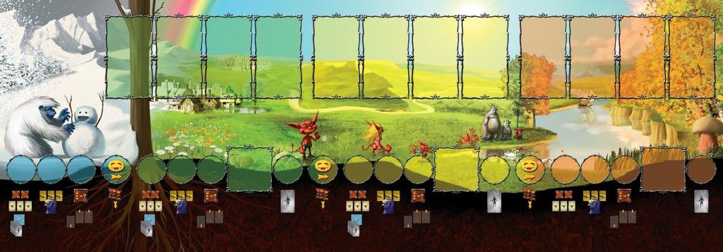 Dungeon Lords by Czech Games Edition (CGE) features a vibrant game board with snowy peaks, green fields, rainbows, and autumn trees where players hire monsters or build dungeons among whimsical creatures and mushrooms.