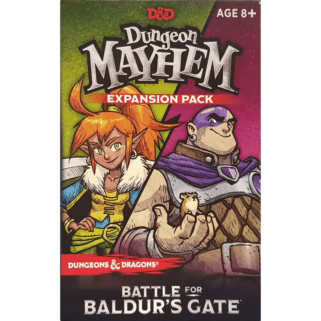 The Dungeon Mayhem: Battle for Baldur’s Gate Expansion by Wizards of the Coast features a box cover with an orange-haired elf and a large man in purple, set against a vivid green and pink background.