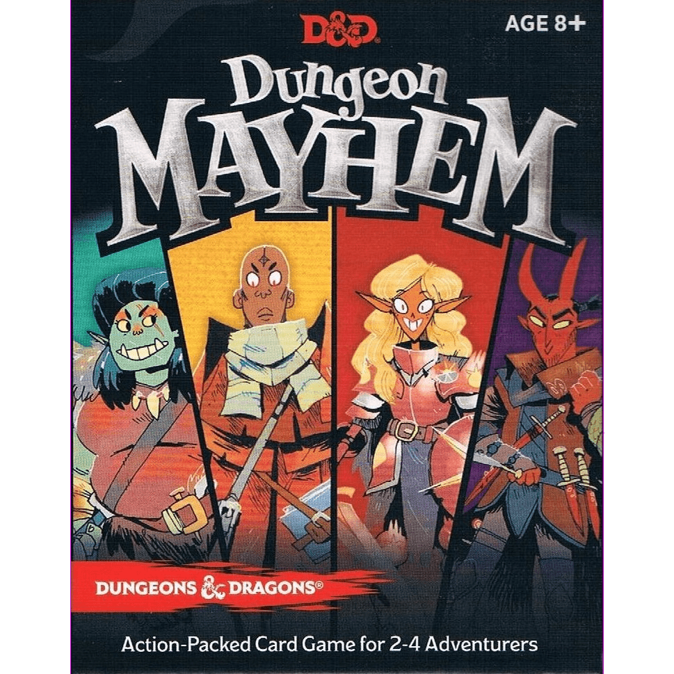 Box cover of Dungeon Mayhem by Wizards of the Coast, an action-packed card game featuring four illustrated fantasy characters—a blue orc, a human, an elf, and a red tiefling—plus bold text and details for ages 8+.