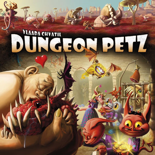 The illustrated cover of Dungeon Petz by Czech Games Edition (CGE) features quirky, colorful imps and creatures caring for a red monster, as an ogre cuddles it in a whimsical worker placement game setting.