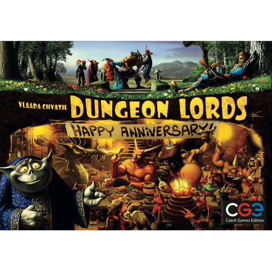 The box art for Dungeon Lords: Happy Anniversary by Czech Games Edition (CGE) features cartoon fantasy creatures celebrating underground with a banner, as more monsters and heroes from the Festival Season expansion gather above. CGE logo appears in the co