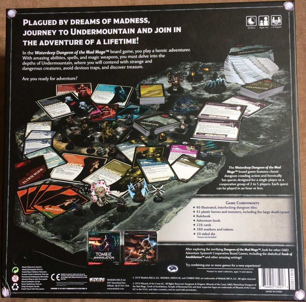 The back of the Wizkids D&D Waterdeep Dungeon of the Mad Mage Board Game Standard Edition box displays its components, an Undermountain dungeon map, and adventure-themed text, plus artwork from both Dungeon of the Mad Mage and Tomb of Annihilation.