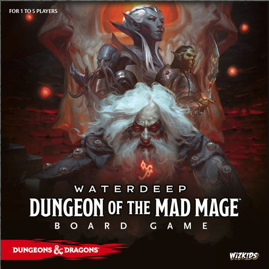 Cover art for the Wizkids D&D Waterdeep Dungeon of the Mad Mage Board Game Standard Edition features a white-haired, red-eyed wizard casting a spell, with mystical figures and monsters in the dark depths of Undermountain.