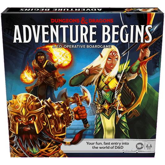 The box of Hasbro’s Dungeons & Dragons: Adventure Begins shows fantasy heroes—a warrior, fire-casting wizard, elf archer, and robed spellcaster—prepared for adventure in Neverwinter. For ages 10 and up.