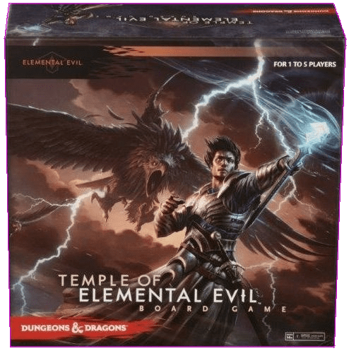 Box cover of the Wizkids Dungeons & Dragons: Temple of Elemental Evil Board Game, a cooperative adventure with a hero casting lightning as a dark creature lurks under stormy clouds.