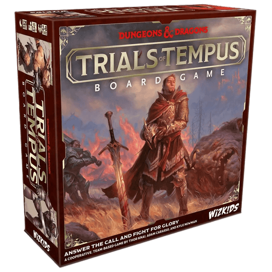The box for Dungeons & Dragons: Trials of Tempus (Standard Edition) by WizKids features an armored warrior with sword and shield against a dramatic fantasy landscape, highlighting this exciting team-based co-op board game.