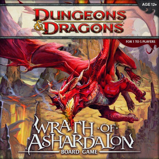 A red dragon soars over rocky terrain on the Dungeons & Dragons: Wrath of Ashardalon Board Game by Wizards of the Coast, featuring dynamic adventure art, prominent title text, and the iconic D&D logo above.