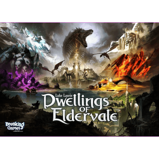 A fantasy landscape with a giant dragon, castles, volcano, snowy mountains, glowing crystals, and mythical creatures surrounds the centered title "Dwellings of Eldervale: Standard Second Edition," along with Breaking Games!, Luke Laurie, and worker placem