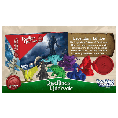 Box for Dwellings of Eldervale: Legendary Upgrade Kit by Breaking Games, featuring highlights of colorful miniatures, red and blue bases, and special Legendary Edition upgrades from the acclaimed Kickstarter campaign.