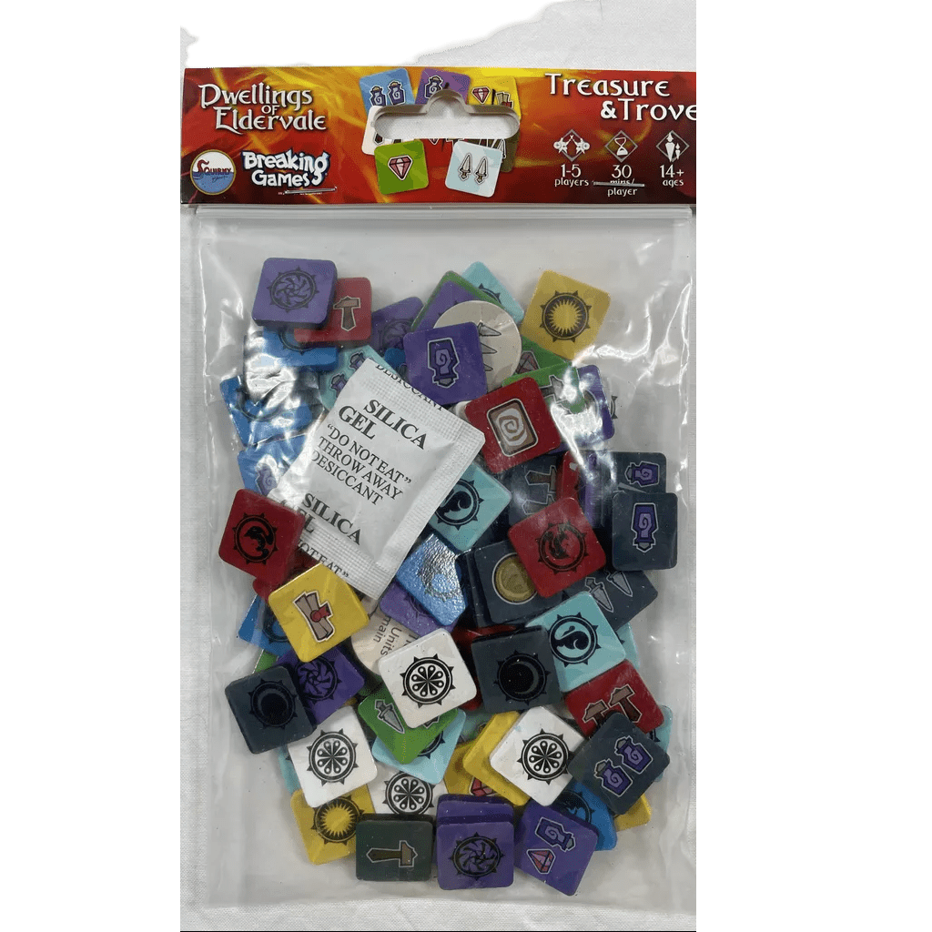 A pack of Dwellings of Eldervale: Wooden Treasure Tokens by Breaking Games, shown in retail packaging with a silica gel packet included.