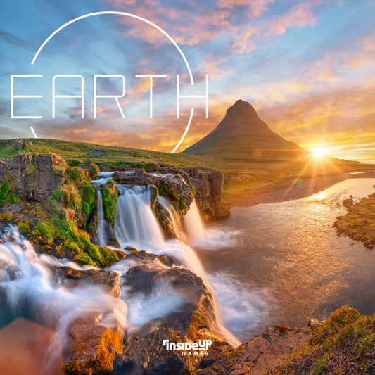 A vibrant landscape shows a waterfall and river below a green mountain at sunset, evoking the open-world theme of Earth by Inside Up Games. The colorful sky features clouds and sunlight, with EARTH in large text and the Inside Up Games logo at the bottom.