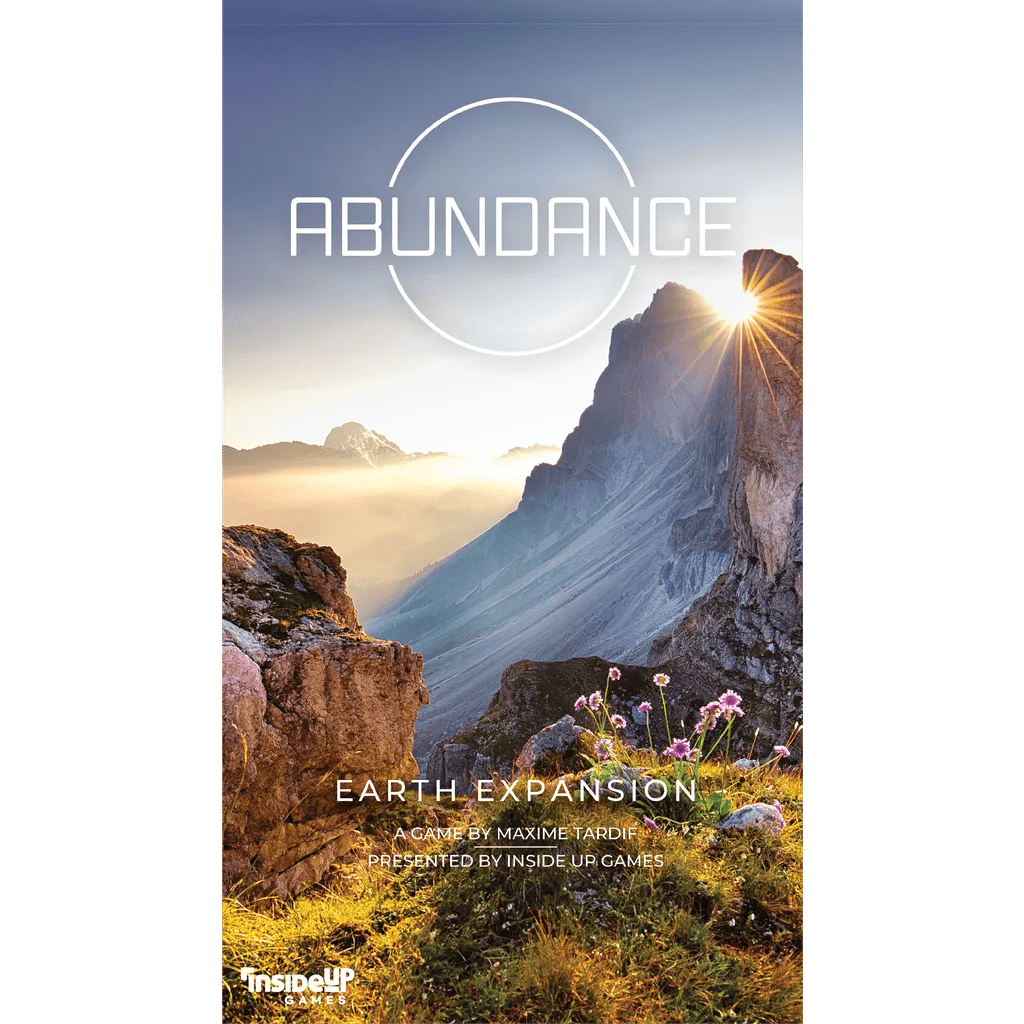 A mountain sunrise with wildflowers and sunlight over rocky peaks. Text: “Earth: Abundance Expansion, an award-winning board game from Inside Up Games.”.