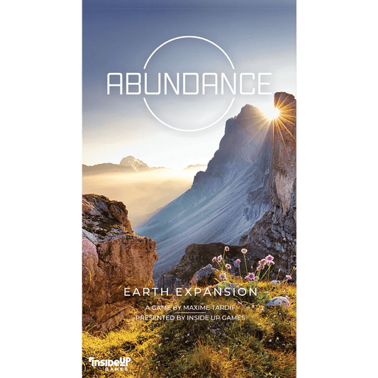 A mountain sunrise with wildflowers and sunlight over rocky peaks. Text: “Earth: Abundance Expansion, an award-winning board game from Inside Up Games.”.