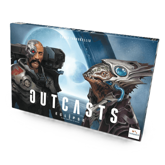 The Lautapelit Eclipse: Second Dawn for the Galaxy – Outcasts Expansion box shows a futuristic armored human and reptilian alien confronting each other before a giant planet and spaceship, expanding the universe of Eclipse.