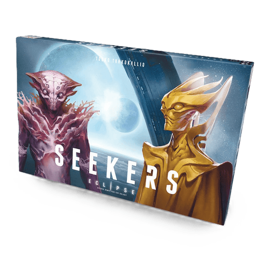 The Lautapelit Eclipse: Second Dawn for the Galaxy – Seekers Expansion box shows pink and gold alien figures, symbolizing new species, set against a cosmic backdrop with planets and stars.