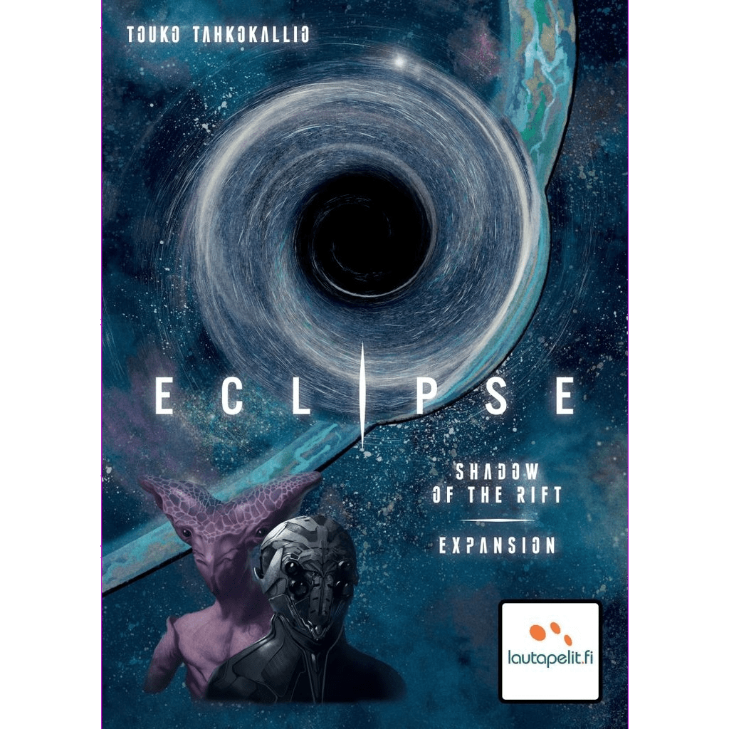 Cover of Eclipse: Shadow of the Rift Expansion by Lautapelit features a swirling black hole, two aliens, cosmic art, and text listing the title, designer’s name, new factions, and Lautapelit logo.