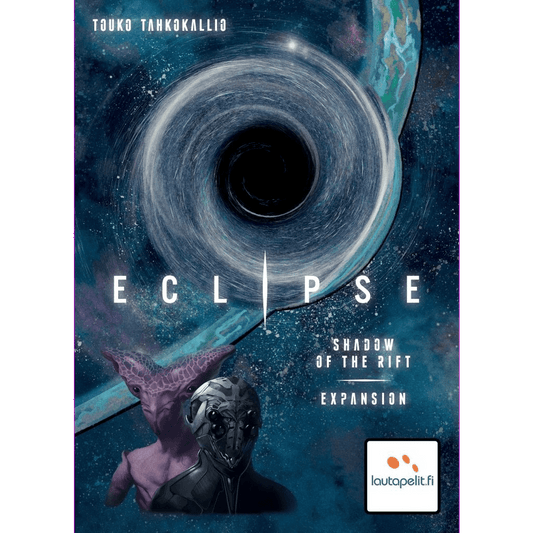 Cover of Eclipse: Shadow of the Rift Expansion by Lautapelit features a swirling black hole, two aliens, cosmic art, and text listing the title, designer’s name, new factions, and Lautapelit logo.