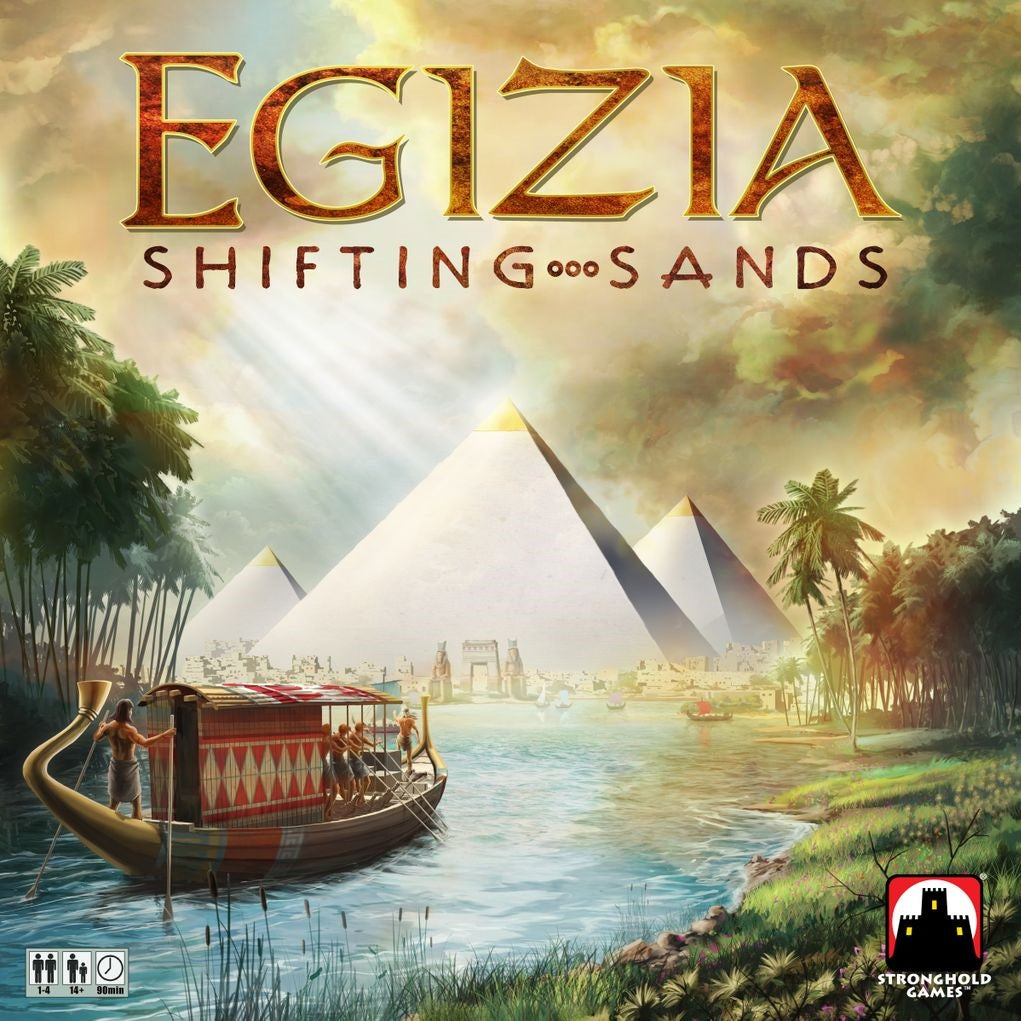 A boat sails on the Nile toward Egypt’s monuments with sunlight streaming down. Palm trees and ancient buildings border the river. Egizia: Shifting Sands, a strategy board game by Stronghold Games, and its logo are displayed.