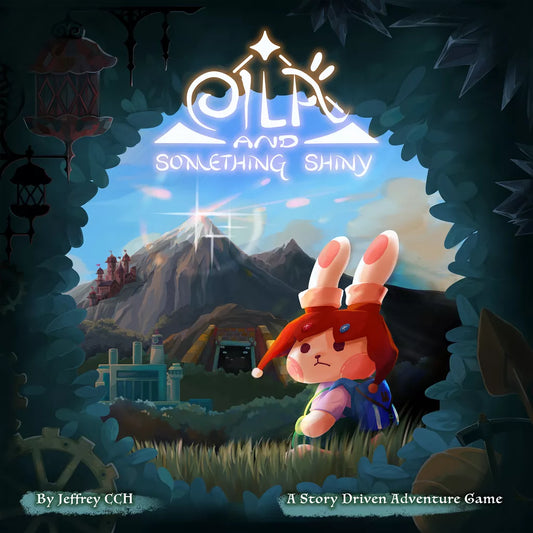 A bunny with red hair and a blue bow stands at a dark forest’s edge, looking toward bright mountains. Text reads Eila and Something Shiny Kickstarter Version by ICE Makes—a story-rich board game with branching paths.