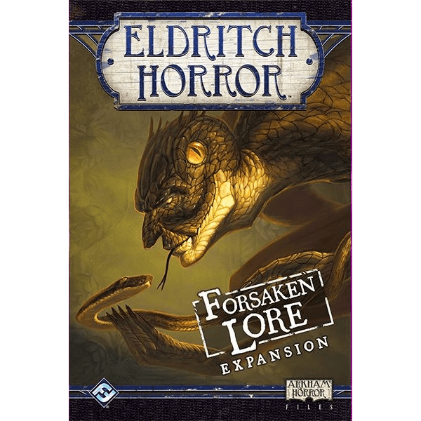 The box cover for Eldritch Horror: Forsaken Lore by Fantasy Flight Games shows a large serpent confronting a smaller snake, with the product and expansion titles displayed above and below—teasing the Ancient Ones inside.
