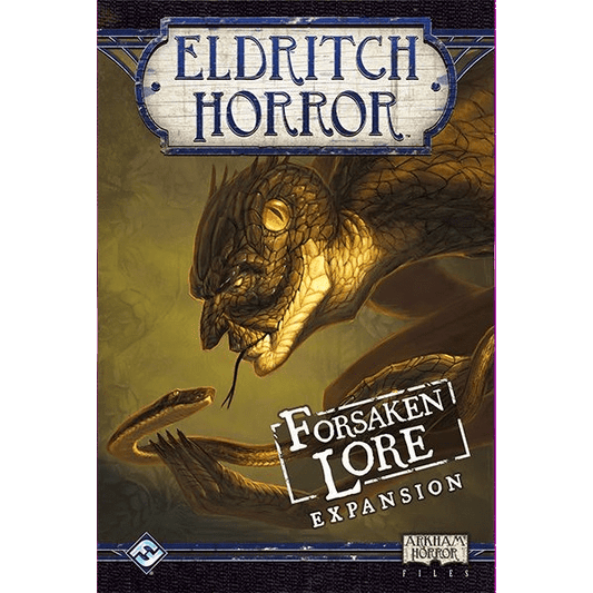 The box cover for Eldritch Horror: Forsaken Lore by Fantasy Flight Games shows a large serpent confronting a smaller snake, with the product and expansion titles displayed above and below—teasing the Ancient Ones inside.