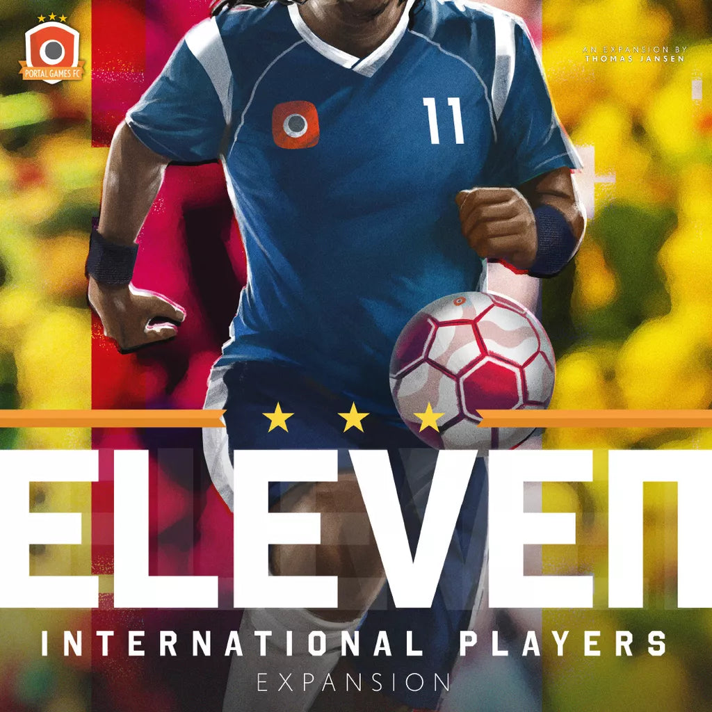 A soccer player in a blue #11 jersey dribbles a ball, showcasing skill against a vibrant blurred backdrop. "Eleven: International Players Expansion" by Portal Games is displayed at the bottom.