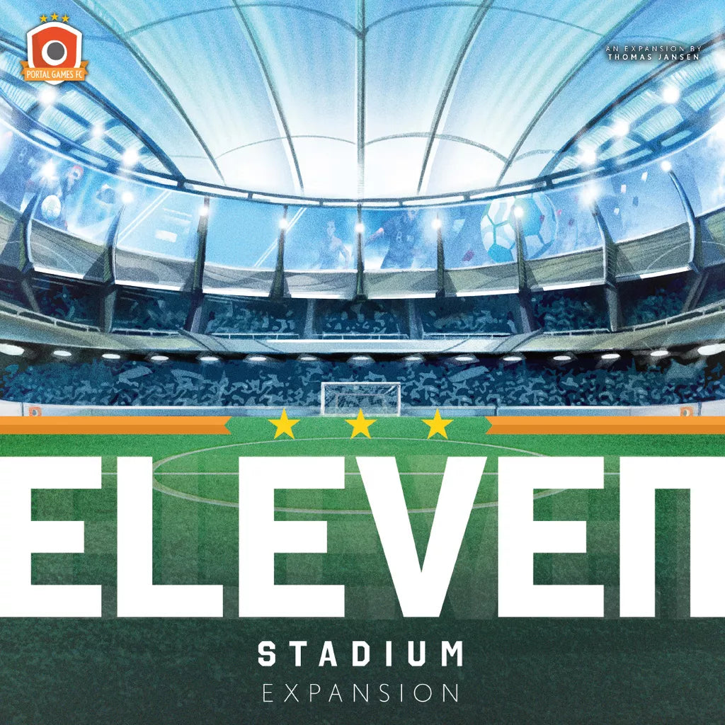A modern soccer stadium under bright lights, green field below. Portal Games' "Eleven: Stadium Expansion" is displayed boldly, with Stadium Infrastructure tiles beneath and three yellow stars above.