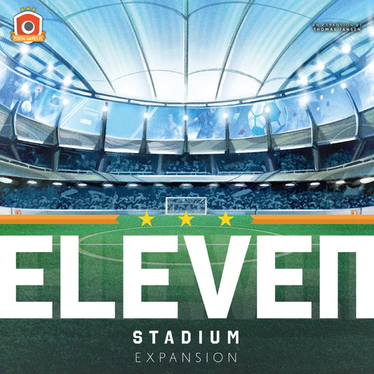 A modern soccer stadium under bright lights, green field below. Portal Games' "Eleven: Stadium Expansion" is displayed boldly, with Stadium Infrastructure tiles beneath and three yellow stars above.