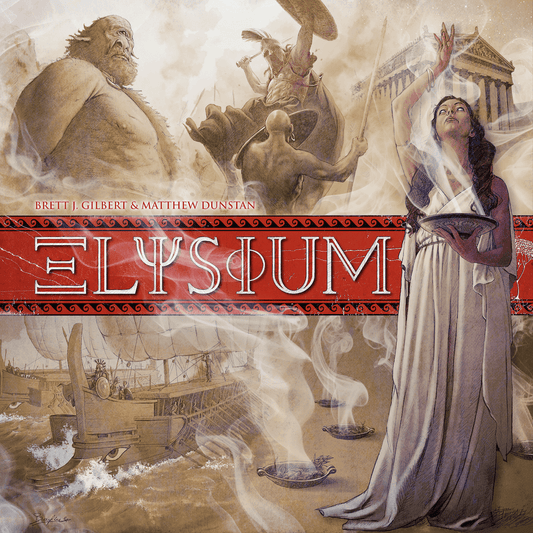 A woman in a white robe holds a smoking bowl, with gods, ships, and temples from Mythic Greece behind her. The word ELYSIUM stands out in red, evoking the world of the Elysium game by Space Cowboys.